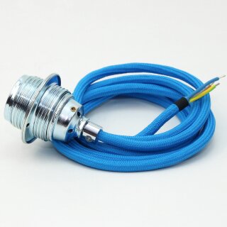 Textilkabel Blau mit E27 Lampenfassung Metall verchromt und 2 Schraubringe 1-5m