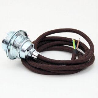 Textilkabel Braun mit E27 Lampenfassung Metall verchromt und 2 Schraubringe 1-5m