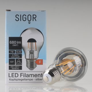 Sigor LED Filament Kopfspiegellampe silber 7W(=50W) 230V AGL-Form klar E27 Sockel warmweiß dimmbar