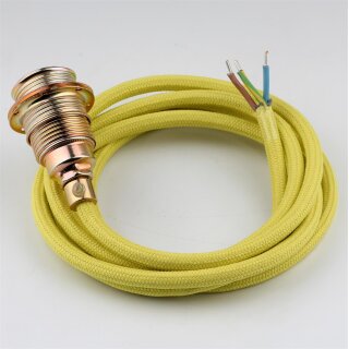 Textilkabel Gelb mit E14 Lampenfassung Metall vermessingt und 2 Schraubringe 1-5m