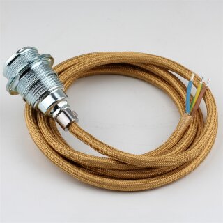 Textilkabel Gold mit E14 Lampenfassung Metall verchromt und 2 Schraubringe 1-5m