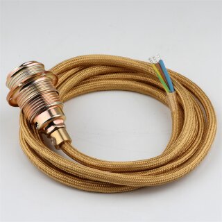 Textilkabel Gold mit E14 Lampenfassung Metall vermessingt und 2 Schraubringe 1-5m