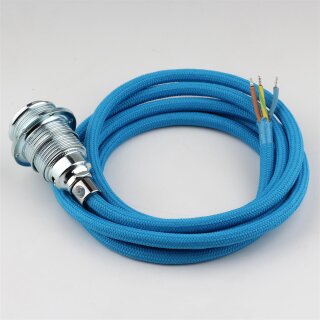 Textilkabel Blau mit E14 Lampenfassung Metall verchromt und 2 Schraubringe 1-5m
