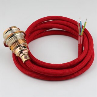Textilkabel Rot mit E14 Lampenfassung Metall vermessingt und 2 Schraubringe 1-5m