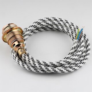 Textilkabel Schwarz-Weiß mit E14 Lampenfassung Metall vermessingt und 2 Schraubringe 1-5m