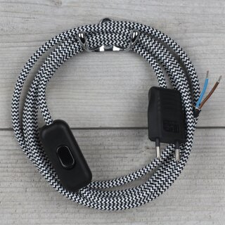 Textilkabel Schwarz-Weiß Zick-Zack 2-adrig mit Schnurschalter und Euro-Flachstecker Anschlussleitung 2-5m