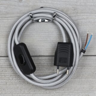 Textilkabel Silber 2-adrig mit Schnurschalter und Euro-Flachstecker Anschlussleitung 2-5m
