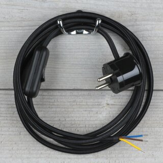 Textilkabel Schwarz 3-adrig mit Schnurschalter und Schutzkontakt-Stecker Anschlussleitung 2-5m