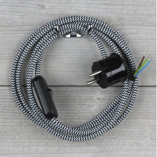 Textilkabel Schwarz-Weiß Zick-Zack 3-adrig mit Schnurschalter und Schutzkontakt-Stecker Anschlussleitung 2-5m