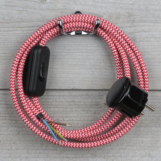 Textilkabel Anschlussleitung 2-5m rot-weiß zickzack mit Schalter u. Schutzkontakt Winkelstecker
