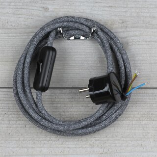 Textilkabel Steingrau 3-adrig mit Schnurschalter und Schutzkontakt-Stecker Anschlussleitung 2-5m