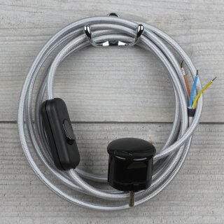 Textilkabel Silber 3-adrig mit Schnurschalter und Schutzkontakt-Stecker Anschlussleitung 2-5m