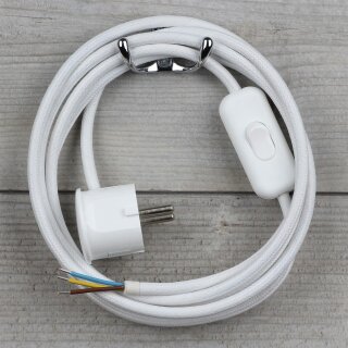 Textilkabel Weiß 3-adrig mit Schnurschalter und Schutzkontakt-Stecker Anschlussleitung 2-5m