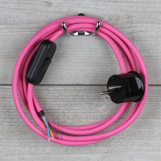 Textilkabel Anschlussleitung 2-5m pink Schalter u. Schutzkontakt Winkelstecker