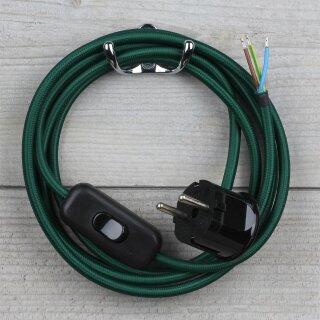Textilkabel Dunkelgrün 3-adrig mit Schnurschalter und Schutzkontakt-Stecker Anschlussleitung 2-5m