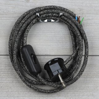 Textilkabel Grau-Meliert 3-adrig mit Schnurschalter und Schutzkontakt-Stecker Anschlussleitung 2-5m