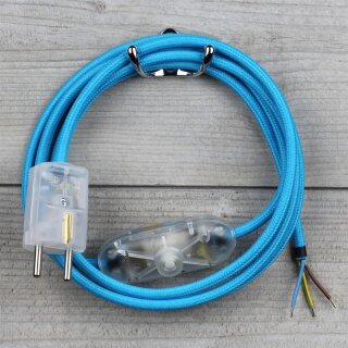 Textilkabel Hellblau 3-adrig mit Schnurschalter und Schutzkontakt-Stecker transparent 2-5m