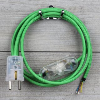 Textilkabel Grün 3-adrig mit Schnurschalter und Schutzkontakt-Stecker transparent 2-5m