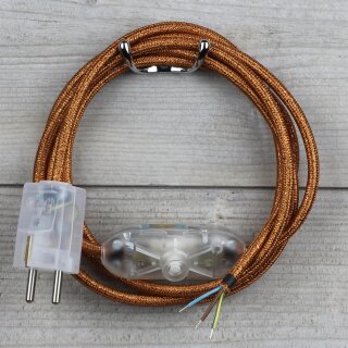 Textilkabel Kupfer Metallic 3-adrig mit Schnurschalter und Schutzkontakt-Stecker transparent 2-5m