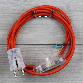 Textilkabel Anschlussleitung 2-5m orange Schalter u. Schutzkontakt-Stecker transparent