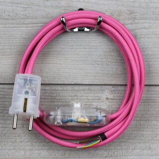 Textilkabel Pink 3-adrig mit Schnurschalter und Schutzkontakt-Stecker transparent 2-5m