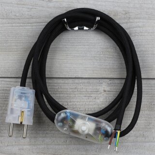 Textilkabel Schwarz 3-adrig mit Schnurschalter und Schutzkontakt-Stecker transparent 2-5m