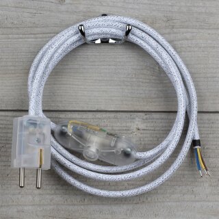 Textilkabel Weiß Metallic 3-adrig mit Schnurschalter und Schutzkontakt-Stecker transparent 2-5m