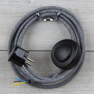 Textilkabel Steingrau 3-adrig mit Fußschalter und Schutzkontakt-Stecker Anschlussleitung 2-5m