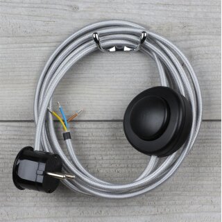 Textilkabel Silber 3-adrig mit Fußschalter und Schutzkontakt-Stecker Anschlussleitung 2-5m