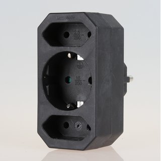 Steckdosen-Adapter schwarz 16A/250V 2 x Eurosteckdose 1 x Schutzkontakt-Steckdose