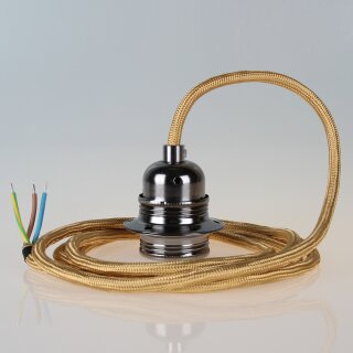 Textilkabel Gold mit E27 Lampenfassung Metall schwarz-chrom und 2 Schraubringe