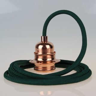 Textilkabel Dunkelgrün mit E27 Lampenfassung Metall verkupfert und 2 Schraubringe für Lampenschirm