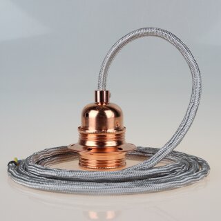 Textilkabel Silber mit E27 Lampenfassung Metall verkupfert und 2 Schraubringe für Lampenschirm