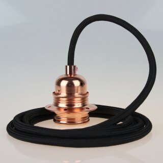 Textilkabel Schwarz mit E27 Lampenfassung Metall verkupfert und 2 Schraubringe für Lampenschirm