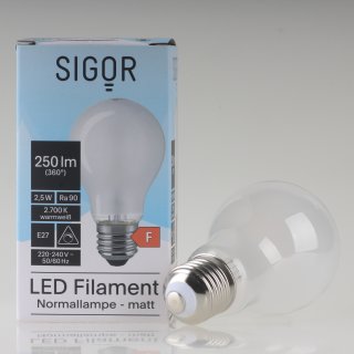 Sigor LED Filament Leuchtmittel 230V/2,5W=(25W) AGL-Form matt E27 Sockel warmweiß dimmbar