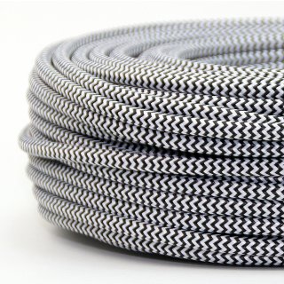 Textilkabel Schwarz-Weiß Zick-Zack Muster 3-adrig 3x0,75 Schlauchleitung 3G 0,75 H03VV-F textilummantelt
