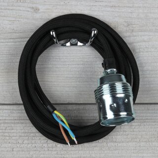 Textilkabel Schwarz mit E27 Lampenfassung Metall verchromt inkl. Zugentlaster Kunststoff schwarz 1-5m