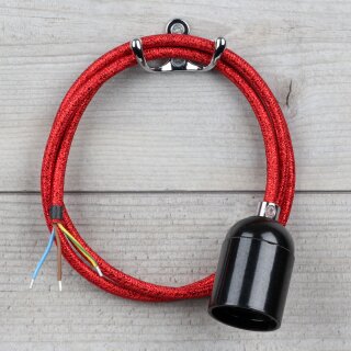 Textilkabel Rot Metallic mit E27 Lampenfassung Bakelitoptik schwarz und Zugentlastung Metall chrom