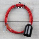 Textilkabel Rot Metallic mit E27 Lampenfassung Bakelitoptik schwarz und Zugentlastung Metall chrom