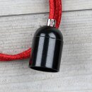 Textilkabel Rot Metallic mit E27 Lampenfassung Bakelitoptik schwarz und Zugentlastung Metall chrom