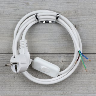 Lampen Anschlussleitung weiß 2 Meter 3-adrig mit Schnurschalter Zwischenschalter und zwei Erdleitersystem Stecker