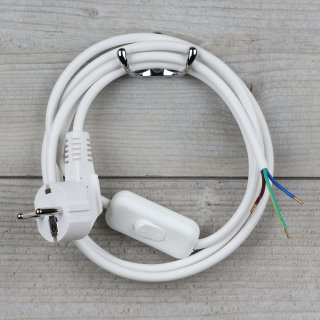 PVC-Lampen Anschlussleitung weiß 2 Meter 3-adrig mit Schnurschalter Zwischenschalter und zwei Erdleitersystem Stecker