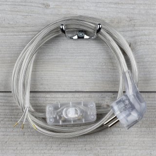 PVC Lampen Anschlussleitung transparent 2 Meter 3-adrig mit Schnurschalter und zwei Erdleitersystem Stecker