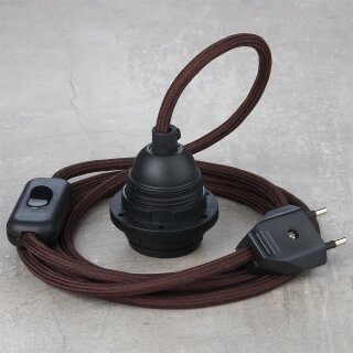 Textilkabel Braun mit E27 Lampenfassung Schnurschalter und Euro-Flachstecker schwarz