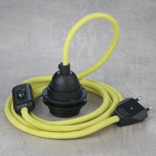 Textilkabel Gelb mit E27 Lampenfassung Schnurschalter und Euro-Flachstecker schwarz