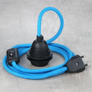 Textilkabel Lampenpendel blau mit E27 Kunststoff Lampenfassung Schnurschalter und Euro-Flachstecker schwarz