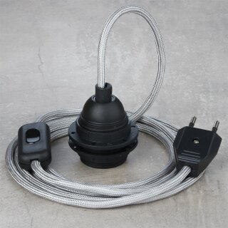 Textilkabel Silber mit E27 Lampenfassung Schnurschalter und Euro-Flachstecker schwarz