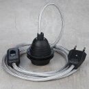 Textilkabel Silber mit E27 Lampenfassung Schnurschalter...