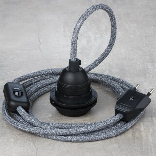 Textilkabel Steingrau mit E27 Lampenfassung Schnurschalter und Euro-Flachstecker schwarz
