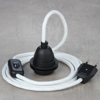 Textilkabel Weiß mit E27 Lampenfassung Schnurschalter und Euro-Flachstecker schwarz